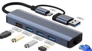 5-in-2 Adapter Converter USB 3.0/USB C HUB to ( RJ45 Gigabit Ethernet 3x USB 3.0 1x USB 2.0 )