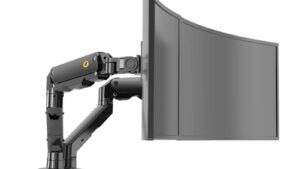 Dual Arc Arm Curved Monitor Holder with USB Port ; Ultra Wide Monitor Spring Arm Stand for Two Screens 27″ – 34″ with 5~16 Kg Load Capacity for Each Display  Dual Arc Arm Curved Screen Monitor