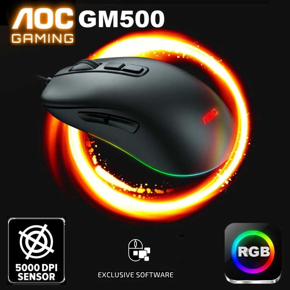 GM500DRBN GM500 RGB Gaming Mouse Adjustable 5000 DPI AOC GM500 RGB Gaming Mouse - Adjustable 5000 DPI - Omron switches - 4 RGB Effects - 8 Buttons - Up to 20G Acceleration - USB 2.0 Type A Interface - Exclusive Software - BLACK