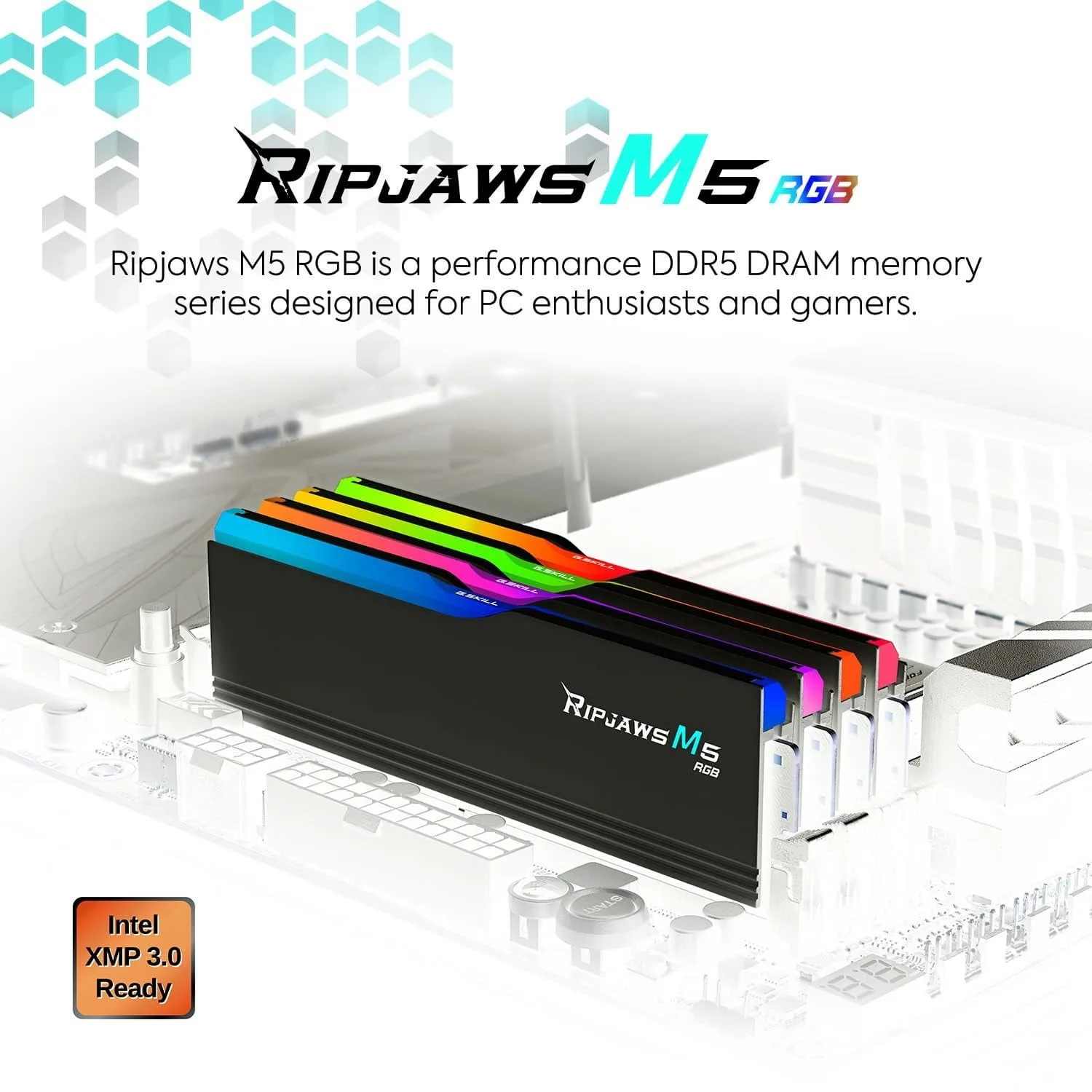 F5-5600J4645A32GX2-R Ripjaws M5 RGB DDR5 RAM Kit 64GB 5600 MHz CL46 G.SKILL Ripjaws M5 RGB Series DDR5 RAM Kit 64GB (2 x 32GB) 5600 MHz 288-Pin CL46 1.10V (PC5 44800)  Intel XMP 3.0 Desktop Memory Model - BLACK F5-5600J4645A32GX2-RM5RK