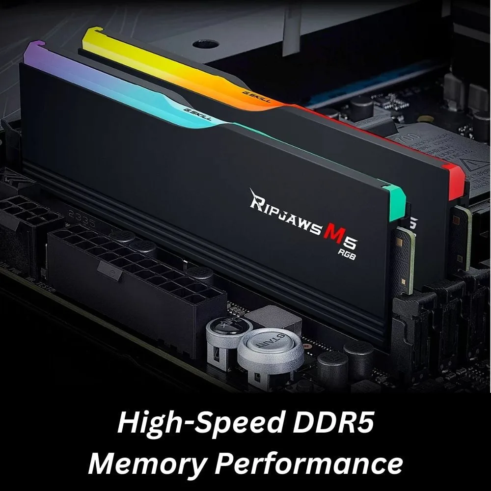 F5-5600J4645A32GX2-R Ripjaws M5 RGB DDR5 RAM Kit 64GB 5600 MHz CL46 G.SKILL Ripjaws M5 RGB Series DDR5 RAM Kit 64GB (2 x 32GB) 5600 MHz 288-Pin CL46 1.10V (PC5 44800)  Intel XMP 3.0 Desktop Memory Model - BLACK F5-5600J4645A32GX2-RM5RK