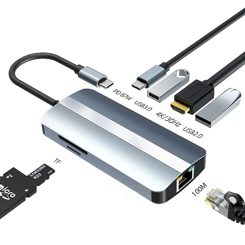 Docking Station Multifunctional 8-in-1 4K HDMI Docking Station Gigabit Ethernet  Type-c Hub to USB3.0+USB2.0+SD+TF+RJ45(100Mbps)+HDMI+PD87W   4K HDMI Gigabit Ethernet Type-c Hub