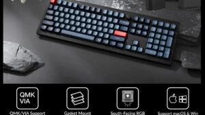 V6M-D4 Jupiter Banana Switch Mechanical Keyboard Keychron V6 Max QMK/VIA Wireless Mechanical Fully Customizable Keyboard with Programmable Knob ; 2.4 GHz or Bluetooth 5.1 Connectivity for up to Three Devices ; Type-C & Type-A Dual Receivers ; Double-shot PBT ; Gasket Mount ; RGB LED ; Hot-swappable Gateron Jupiter Banana Switch ; macOS and Windows  