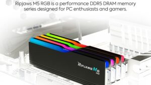 F5-5600J4645A32GX2-R Ripjaws M5 RGB DDR5 RAM Kit 64GB 5600 MHz CL46 G.SKILL Ripjaws M5 RGB Series DDR5 RAM Kit 64GB (2 x 32GB) 5600 MHz 288-Pin CL46 1.10V (PC5 44800)  Intel XMP 3.0 Desktop Memory Model - BLACK F5-5600J4645A32GX2-RM5RK