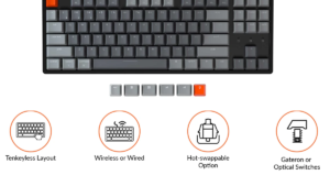 K8J1 Mechanical Keyboard Gateron G Pro Switch Keychron K8 Tenkeyless Wireless Mechanical Keyboard with Gateron G Pro RED Low Profile Switch & Aluminum Frame ; 87 keys ; 18 RGB Modes ; Dedicated Siri or Cortana Key ; Large 4000mAh Battery ; Bluetooth or USB Connectivity  ; for macOS/Windows