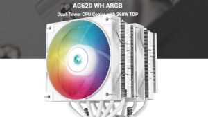 R-AG620-WHANMN-G-2 AG620 WH ARGB Dual-Tower WHITE CPU Air Cooler DeepCool AG620 WH ARGB Dual-Tower WHITE CPU Air Cooler with 260W TDP Massive Heat Dissipation