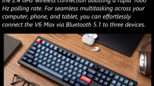 V6M-D1 QMK VIA Wireless Custom Mechanical Keyboard Keychron V6 Max QMK/VIA Wireless Mechanical Fully Customizable Keyboard with Programmable Knob ; 2.4 GHz or Bluetooth 5.1 Connectivity for up to Three Devices ; Type-C & Type-A Dual Receivers ; Double-shot PBT ; Gasket Mount ; RGB LED ; Hot-swappable Gateron Jupiter Red Switch 