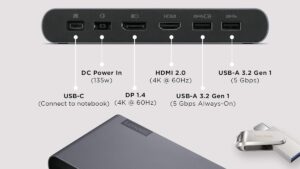 40B30090US Lenovo Docking Station USB-C Universal Lenovo Docking Station USB-C Universal Business Dock – Dual Display (1 DP 1.4 & 1 HDMI 2.0) – 65W Charging for Laptop (90W Power Adapter Included) – 3X USB-A & 2X USB-C Ports – Windows Compatible