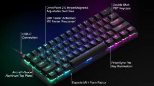 Apex Pro Mini Wireless Mechanical Keyboard SteelSeries Apex Pro Mini Wireless Mechanical Gaming Keyboard - World's Fastest Keyboard - Adjustable Actuation - Compact 60% Form Factor - RGB - PBT Keycaps - Bluetooth 5.0 - 2.4GHz - USB-C