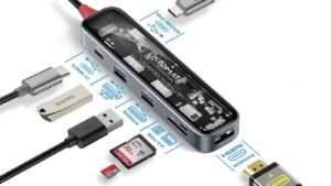 Power Charging & Data SD TF USB-C USB-A HDMI Ports Hub Promate TransHub-Lite 7-in 1 Transparent Multiport Slim USB-C Hub with 100W Power Delivery - Power Charging & Data SD TF USB-C USB-A HDMI Ports Hub