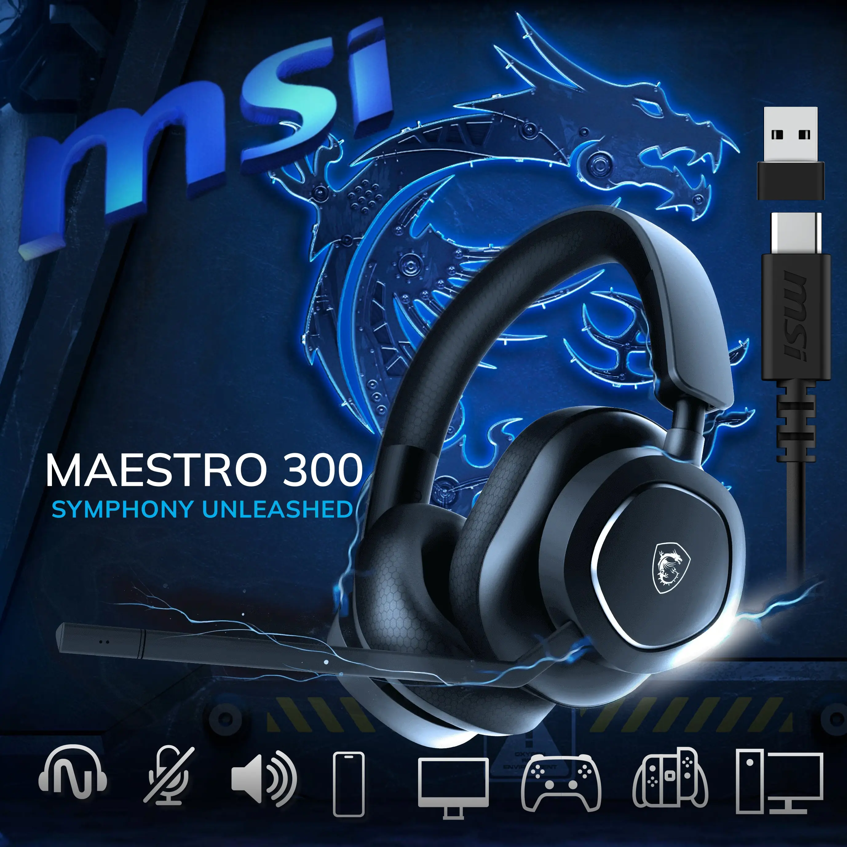 OS3-8ZC8001-000 MSI MAESTRO 300 Nahimic Gaming Headset 40mm MSI  MAESTRO 300 Nahimic Gaming Headset ; High-resolution 40mm Neodymium Drivers ; Detachable Unidirectional (Cardioid) Mic ; Leather Mesh High-density Foam Earpads ; for PC