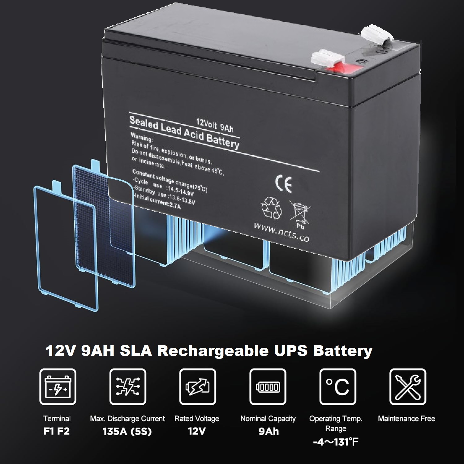 BAT-GENERAL-12V-9A UPS Battery 12V 9AH ACID Rechargeable GENERAL UPS Battery 12V 9AH ACID Rechargeable Replacement Battery with T2 Terminal for UPS Back Up  