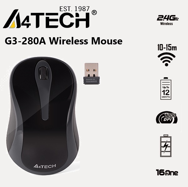 MSW-A4TE-G3-280A A4TECH G3-280A Energy-saving Wireless Mouse with Nano USB Receiver ; 2.4G Hz Connection up to 10-15m Range ; Optical Sensor ; 1200 DPI 125Hz ; 16 Gestures Hotkey Commands.