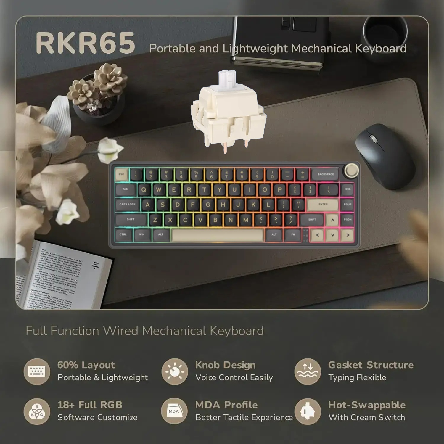 RKR65-PHANTOM-CHART R65 Mechanical Gaming Keyboard Chartreuse Switch RK ROYAL KLUDGE R65 Wired Mechanical Gaming Keyboard with Volume Knob and QMK & ViA RGB Backlit Programmable Keyboard Gasket Mount with PBT Keycaps