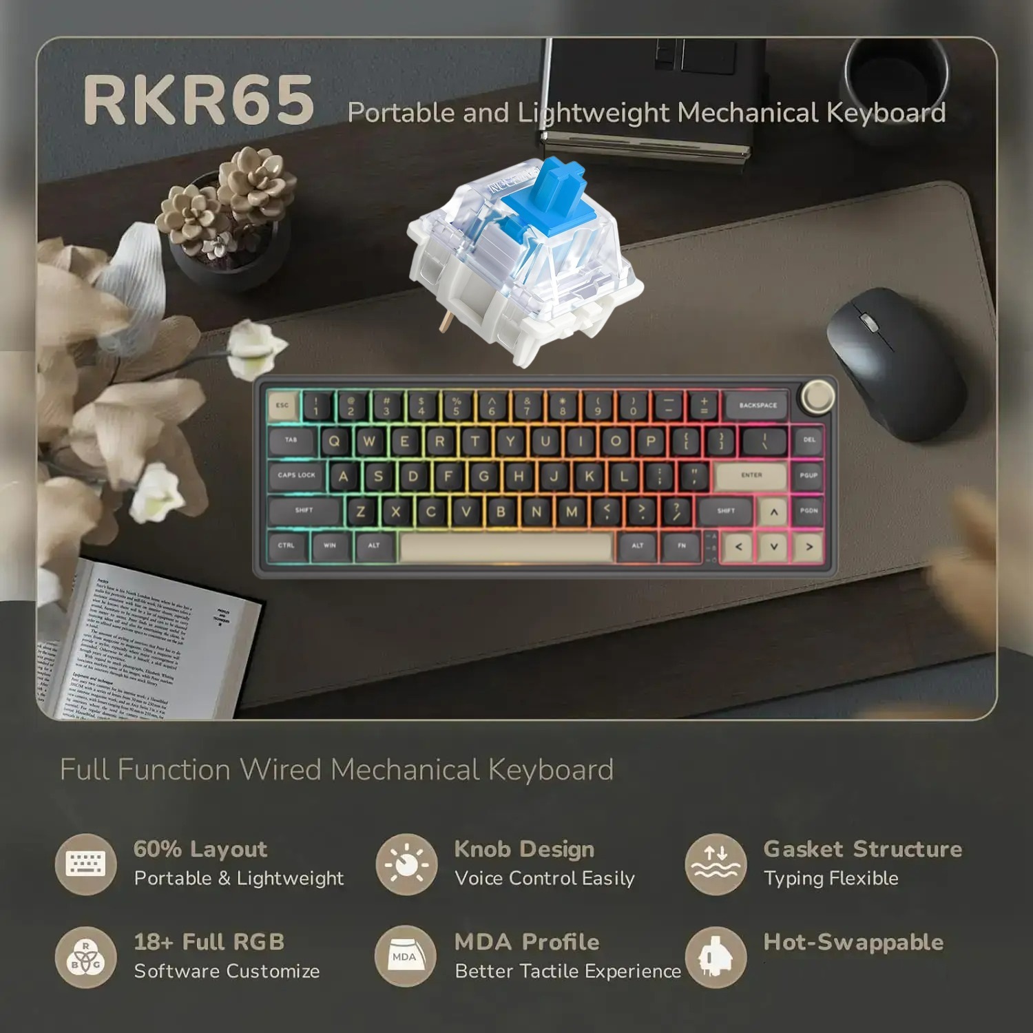 RKR65-PHANTOM-BLUE R65 Mechanical Gaming Keyboard Blue Switch RK ROYAL KLUDGE R65 Wired Mechanical Gaming Keyboard with Volume Knob and QMK & ViA RGB Backlit Programmable Keyboard Gasket Mount with PBT Keycaps