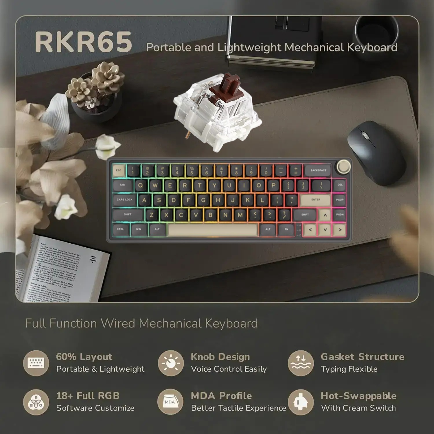 RKR65-PHANTOM-BROWN R65 Mechanical Gaming Keyboard Brown Switch RK ROYAL KLUDGE R65 Wired Mechanical Gaming Keyboard with Volume Knob and QMK & ViA RGB Backlit Programmable Keyboard Gasket Mount with PBT Keycaps