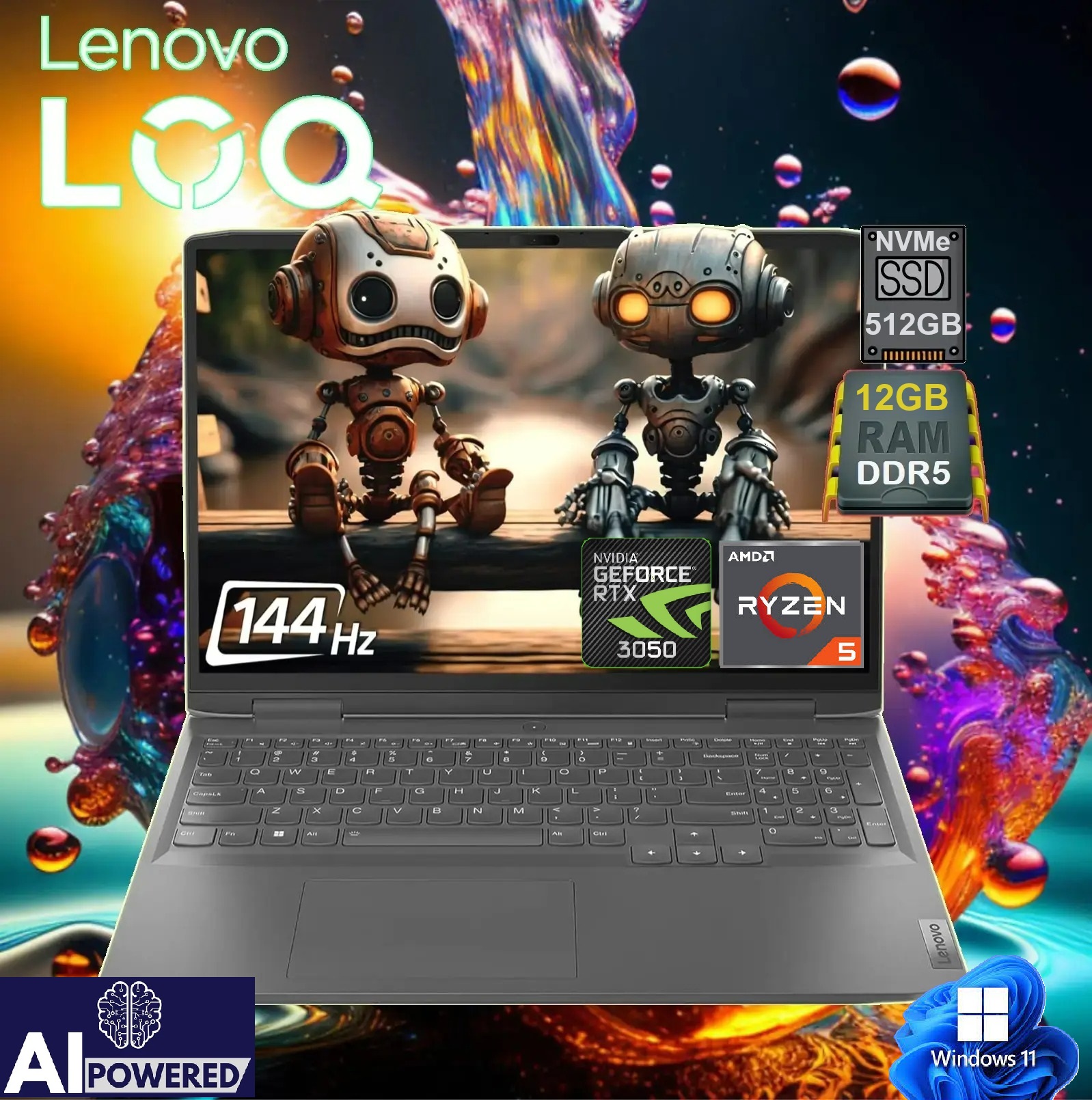 83JC0001US LOQ AMD Ryzen 5 7235HS 12GB DDR5 RAM RTX 3050 LENOVO AI-Powered LOQ 15ARP9 AMD Ryzen™ 5 7235HS | 12GB DDR5 RAM