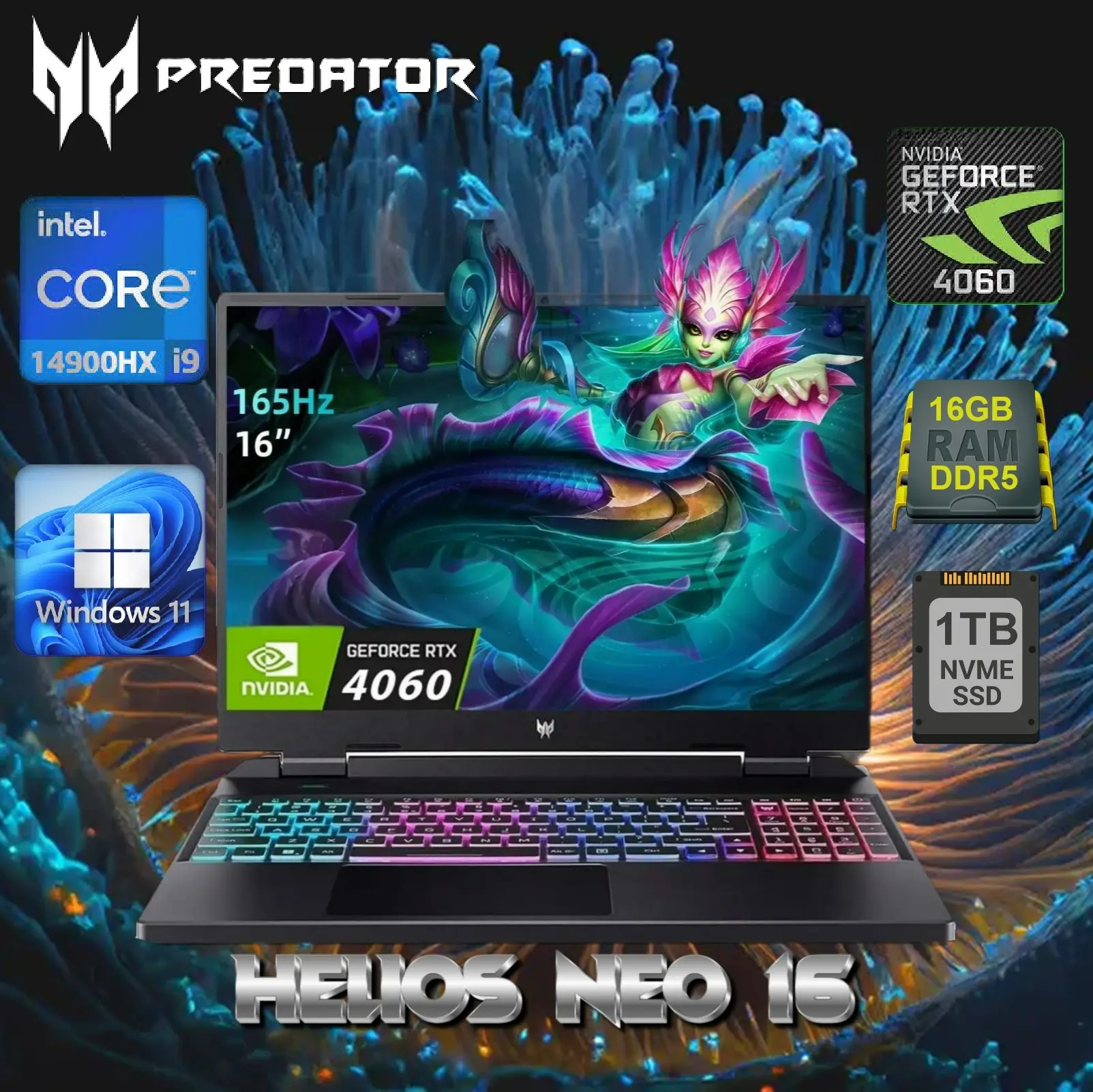 PHN16-72-99PA Predator Helios Neo 16 i9-14900HX RTX 4060 Acer Predator Helios Neo 16 PHN16-72-99PA Intel® Core™ i9-14900HX | 16 GB DDR5 RAM