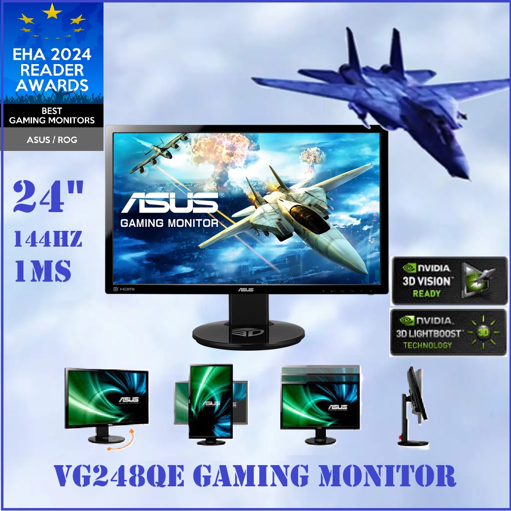 ASUS-VG248QE 24 inch 144Hz 1ms Gaming Monitor with Speakers ASUS VG248QE 24" Full HD 1920 x 1080 1ms (GTG) 144Hz DVI-D HDMI DisplayPort Built-in Speakers Asus Eye Care with Ultra Low-Blue Light & Flicker-Free Backlit LED NVIDIA 3D Gaming Monitor