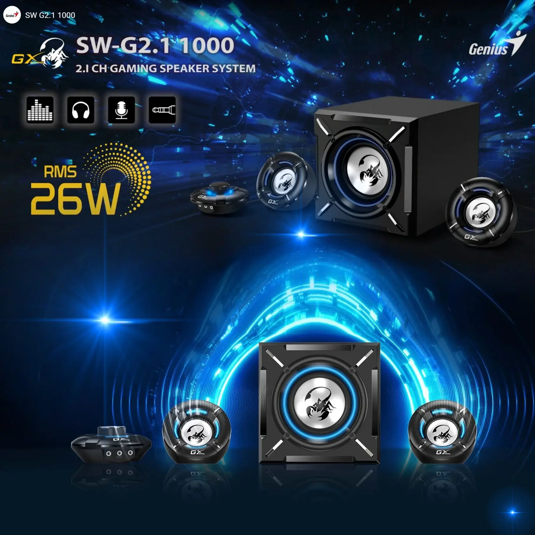 SW-G2.1-1000 AUX Gaming Speaker System Blue LED Lights Genius SW-G2.1 1000 2.1 Channel Gaming Speaker System