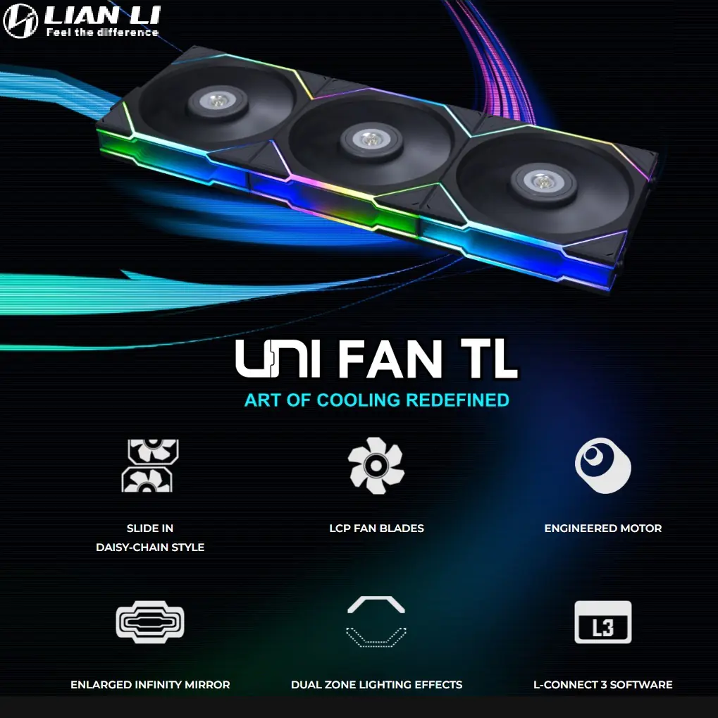 LIANLI-12TL3B-BLACK UNI Fan TL 120 Infinity Mirror 3 Pack Lian Li UNI Fan TL 120 Infinity Mirror LCP Case Fans ; UNI FAN  Interlocking System ; Daisy -Chain Style ;  LCP Fan Blades ; Fluid Dynamic Bearing ; Triple Pack with Controller