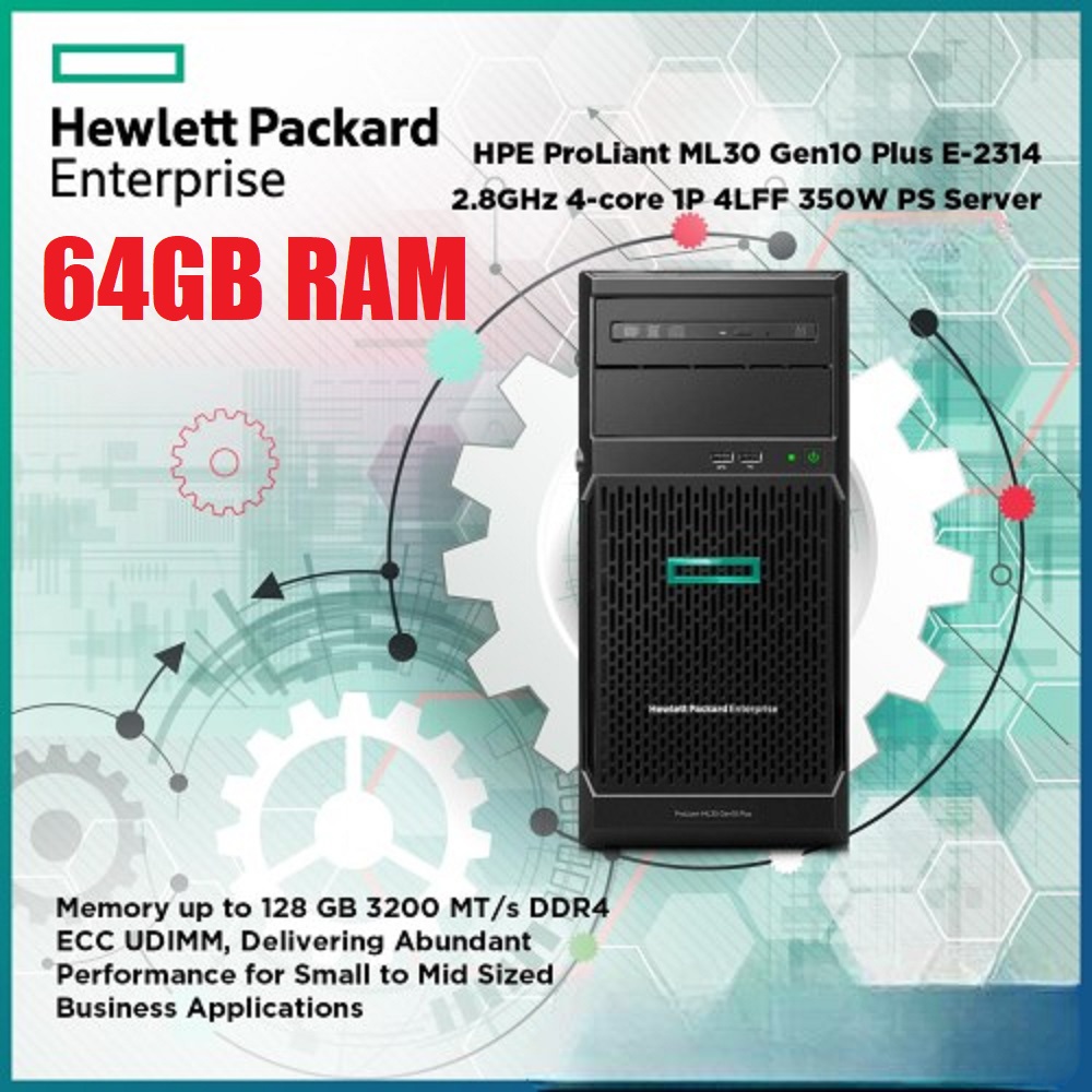 P44718-421-64 HPE ProLiant ML30 Server Gen10 E‑2314 64GB RAM HPE ProLiant ML30 Gen10 Plus Tower Server