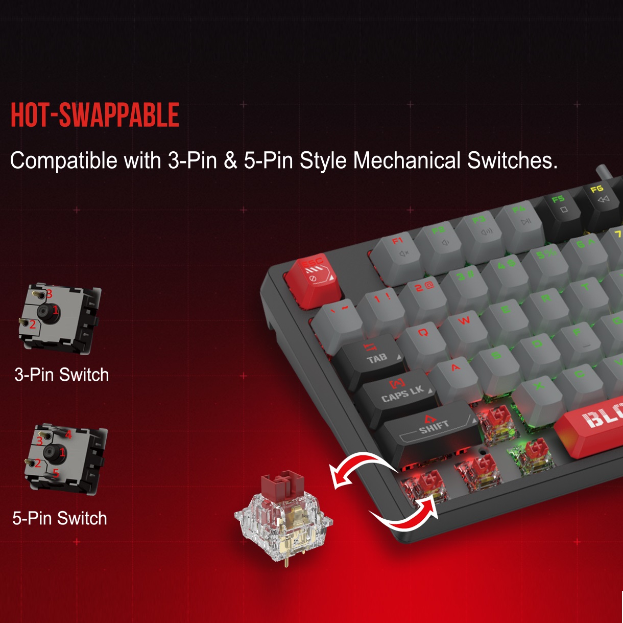 BLOODY-S87 BLOODY S87 RGB Mechanical Keyboard Red Switch BLOODY S87 RGB Mechanical Keyboard with BLMS Quiet Red Plus Switch ; 1 ms Key Response ; Hot-Swappable  ; 87-Key Style Keyboard ; 7 Game Modes Storage ; 4M Onboard Memory  ; N-Key Rollover  ; 1.8 meters USB Cable .