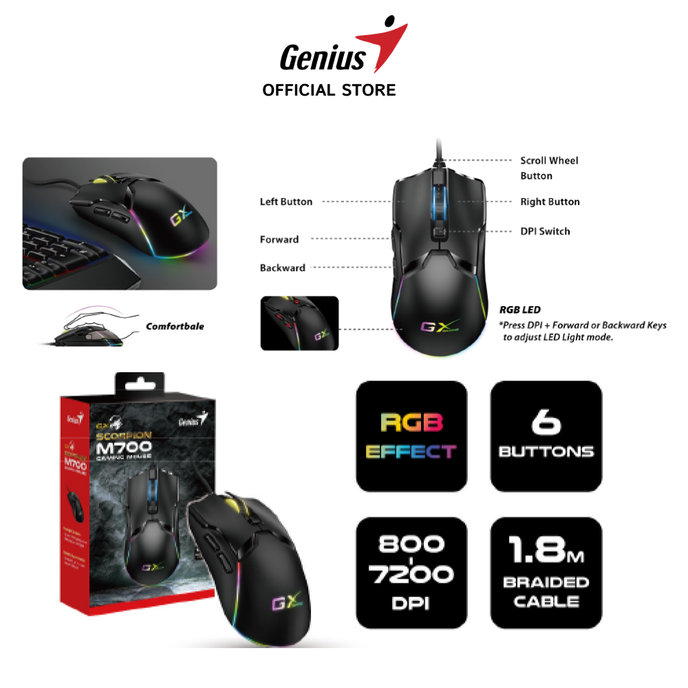 SCORPION-M700 Scorpion M700 RGB Gaming Mouse Genius Scorpion M700 RGB Gaming Mouse - Adjustable DPI 800/1600 /2400/3200/4800/7200 - Wired USB Interface -  1.8m Braided Cable - 6 Customizable Buttons