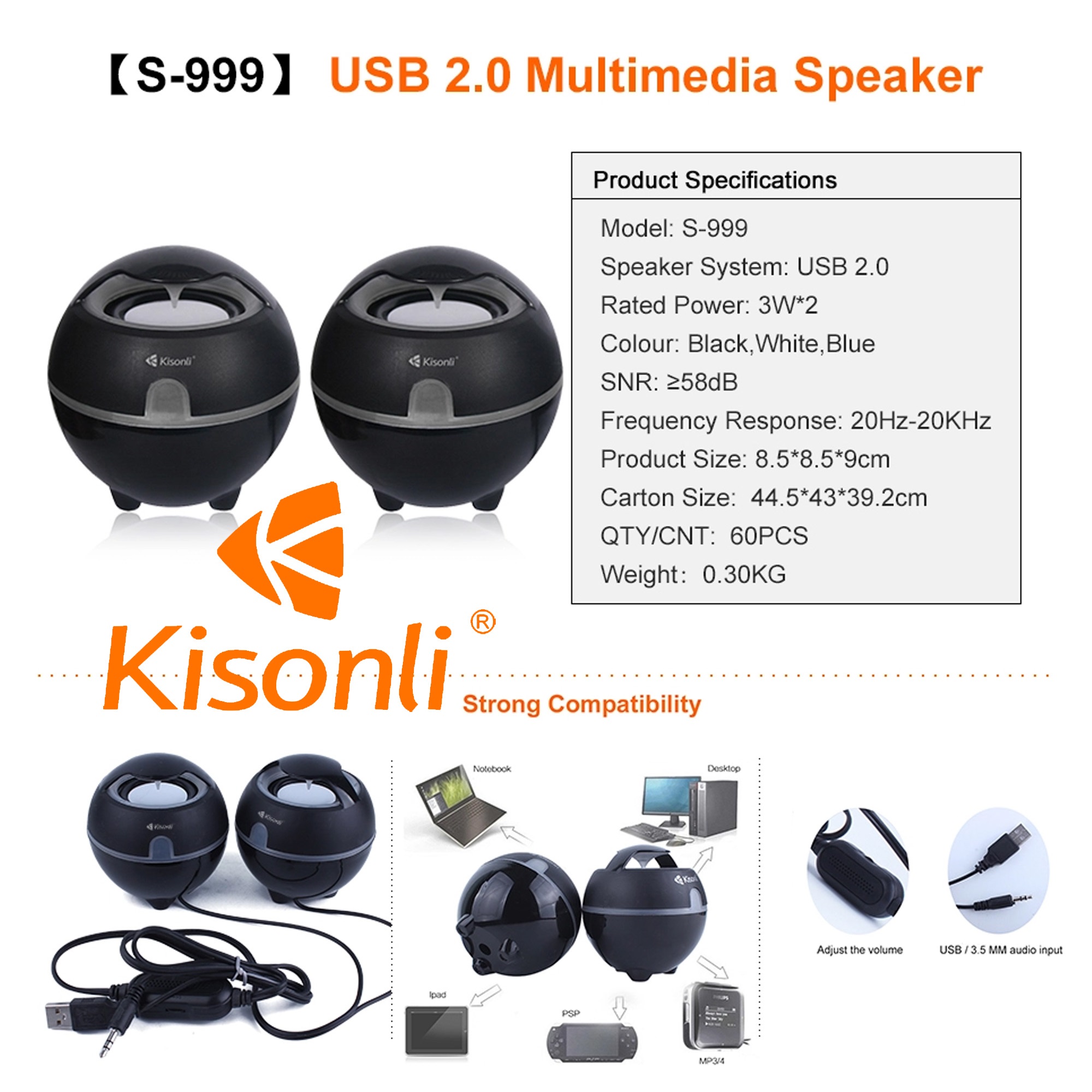 Kisonli S-999 Computer Speakers Bass Stylish USB Speaker - 3.5mm Jack Interface & USB for power -  70-20000 Hz Frequency Range - Two Bubble Speakers - Black Bass Computer Speakers USB Speaker