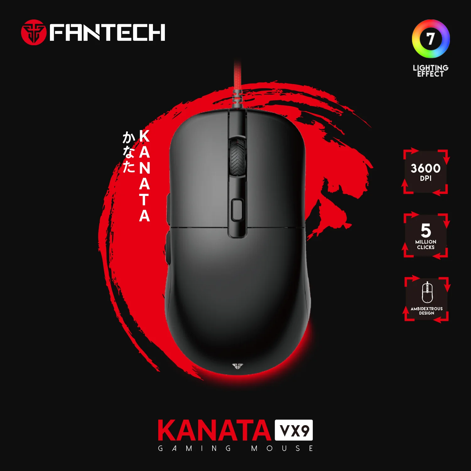 FANTECH-VX9S-B VX9S Kanata Wired BLACK Gaming RGB Mouse Fantech VX9S Kanata Wired Gaming Mouse