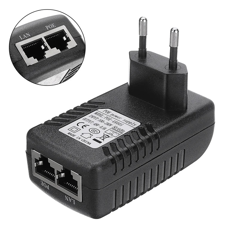 PoE Injector 48 V 0.5 A RJ45 Power Supply Ethernet Adapter EU Wall Plug for Telephone