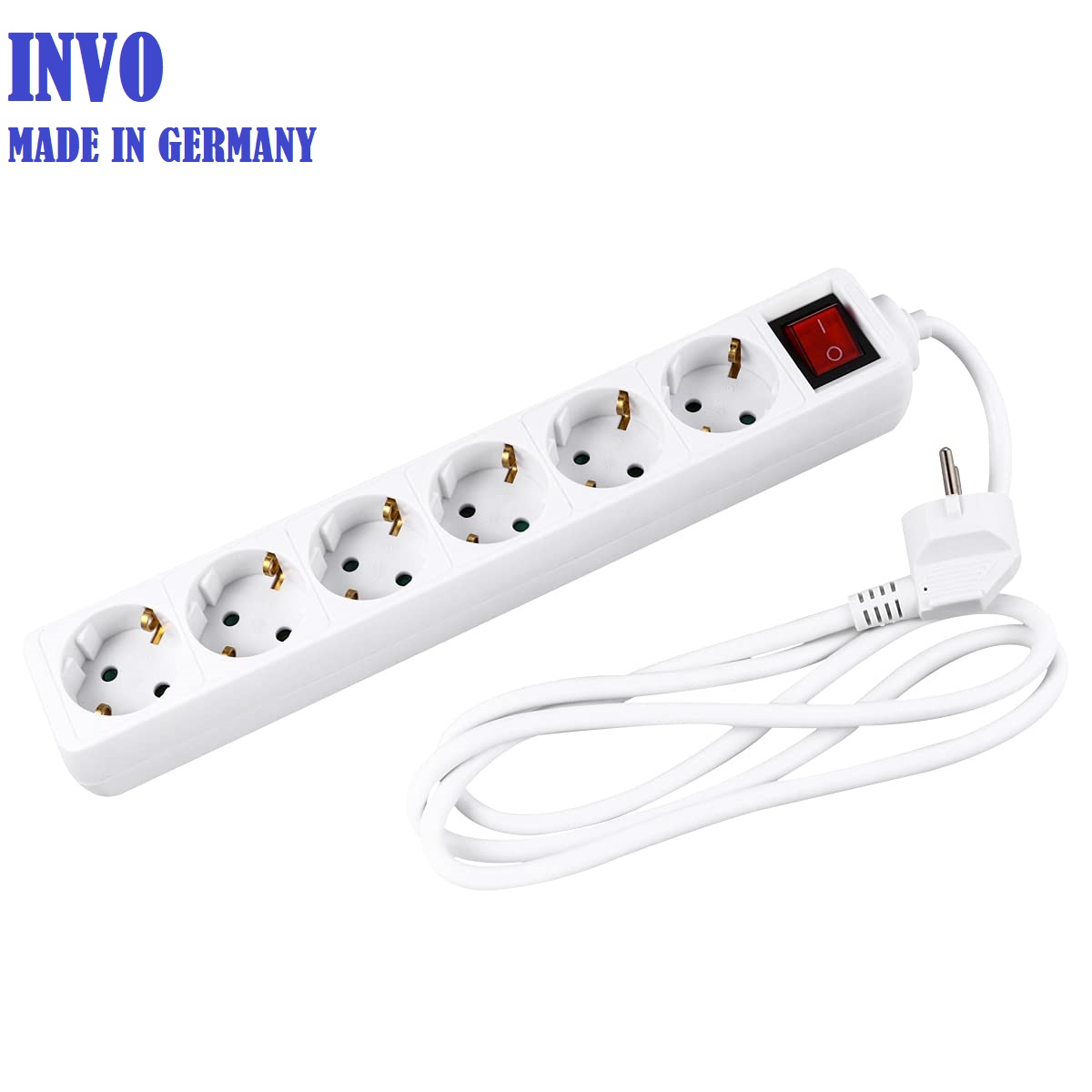 INVO B06S German Electric Power Strip with 6 Outlets -1.8m Cable - 6 WAY -WHITE - for EU plugs Plug Extension Cord socket Holes with child protection