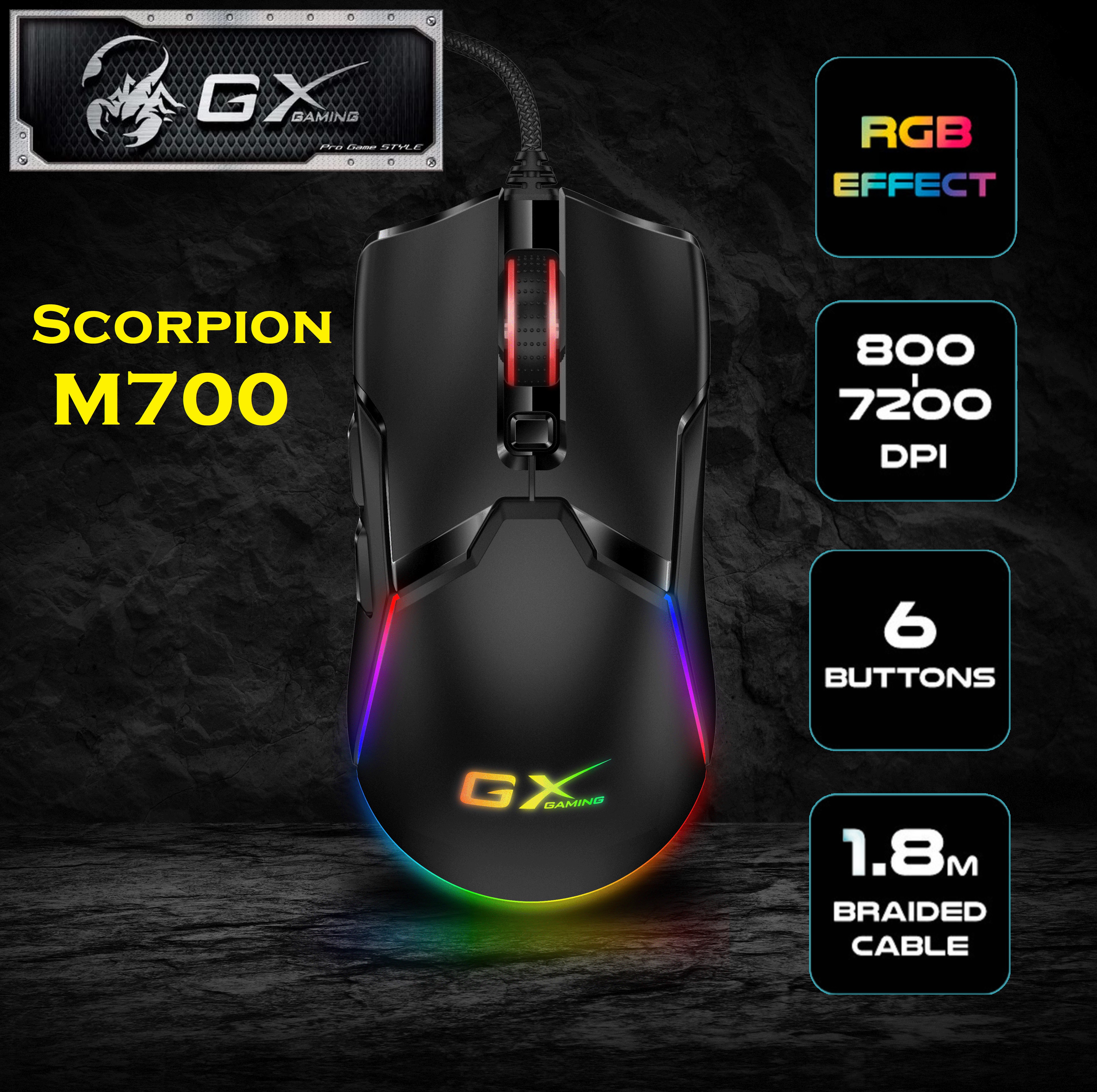 SCORPION-M700 Scorpion M700 RGB Gaming Mouse Genius Scorpion M700 RGB Gaming Mouse - Adjustable DPI 800/1600 /2400/3200/4800/7200 - Wired USB Interface -  1.8m Braided Cable - 6 Customizable Buttons