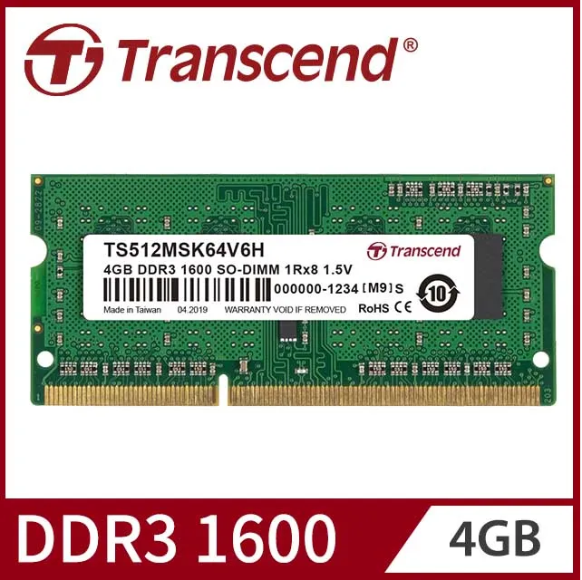 Transcend 4GB DDR3 1600 / PC312800 (TS512MSK64V6H) Laptop Ram ; RAM TRANSCEND 4GB 12800 1600 DDR3 NOTEBOOK