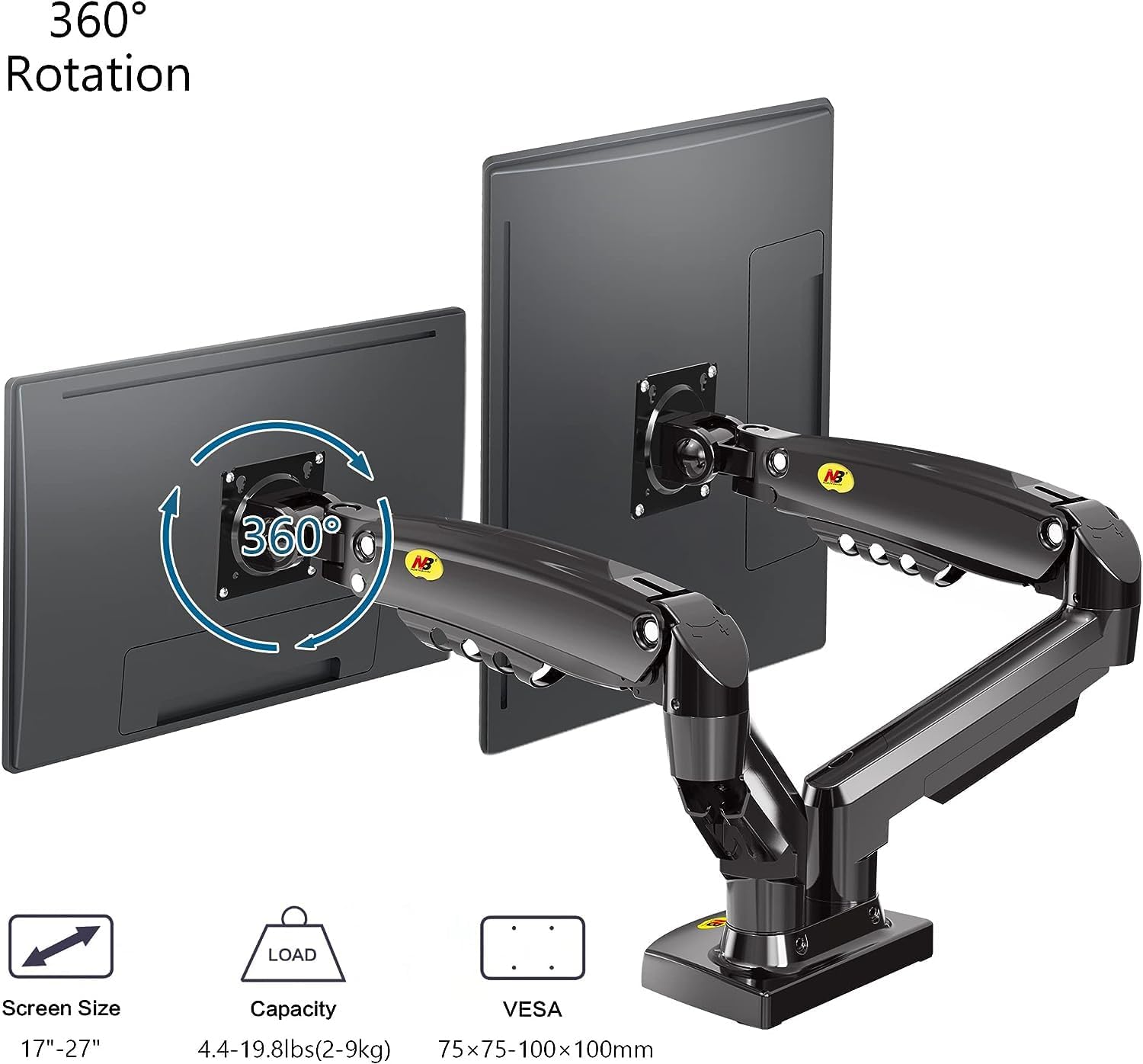 Dual Monitor Desk Mount Stand Gas Spring 360 Degree Full Rotation; Computer Monitor Arm for Two Screens 17" - 27" Inch with 2~9 Kg Load Capacity for Each Display ;  F160 Dual Monitor Mount Stand 17" 27"