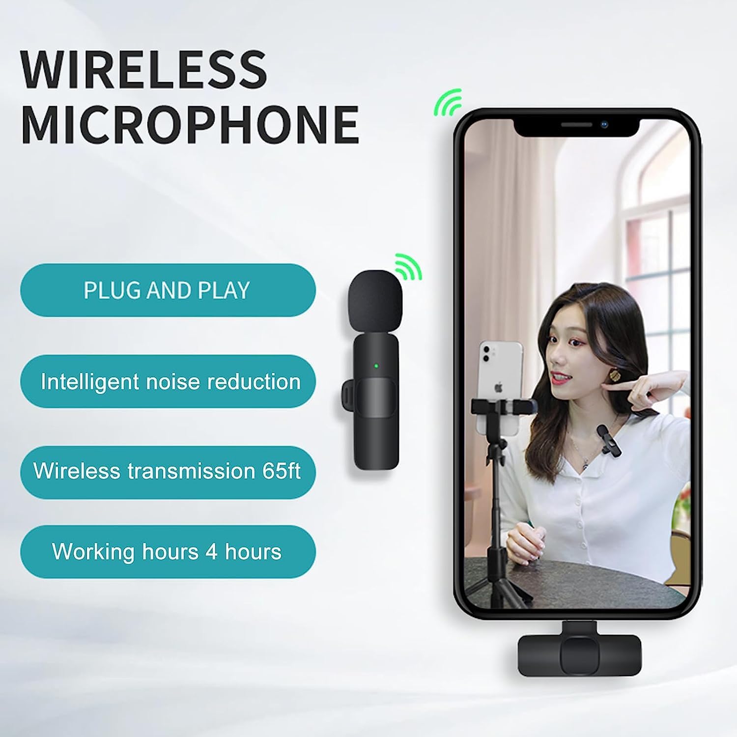 K8 Wireless Lavalier Microphone Plug and Play for iPhone Android 20 m(65 feet) Synchronized Transmission Clear Receiving Intelligent Noise Cancellation Wireless Microphone