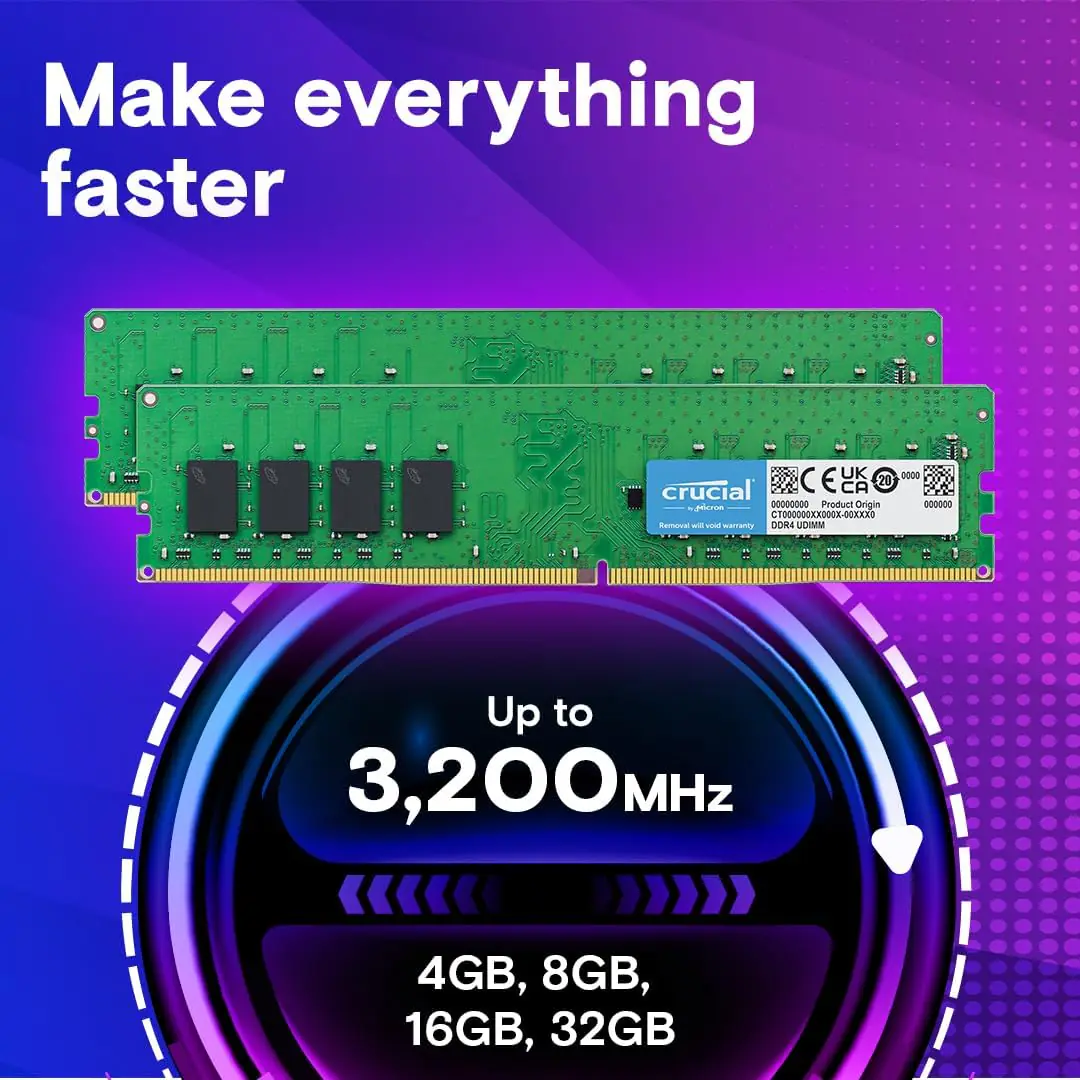 CT32G4DFD832A Crucial 32GB Single Desktop DDR4 RAM 3200 MTs Crucial 32GB Single DDR4 RAM 3200 MT/s ( Supports Down Clocking to 2933MHz or 2666MHz)  CL22 (PC4 25600) 1.20V Unbuffered Desktop DIMM 288-Pin Memory