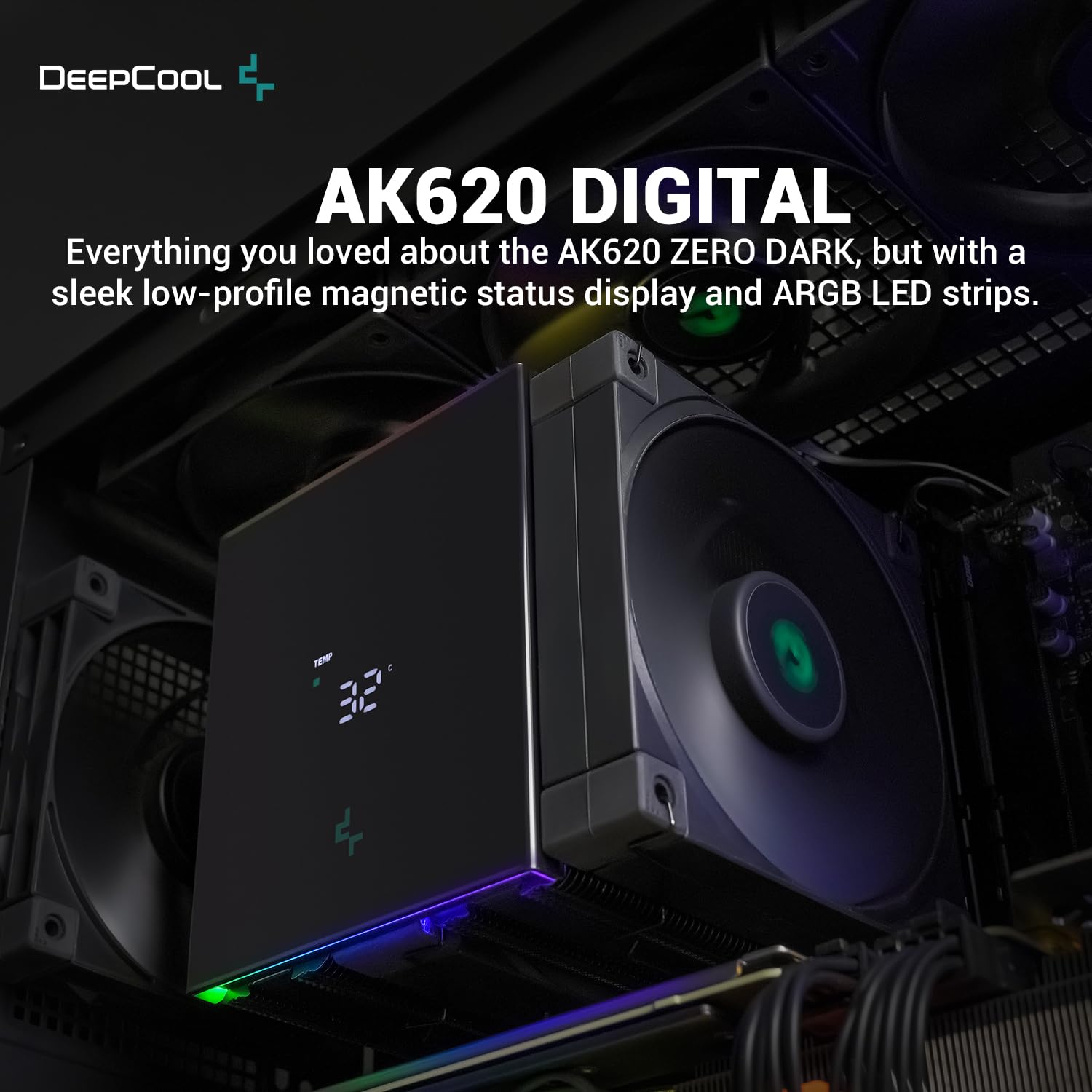 R-AK620-BKADMN-G Digital CPU Air Cooler Mighty 260w TDP DeepCool AK620 Digital CPU Air Cooler Mighty 260w TDP 6 Copper Heatpipes Dual-Tower with Status Display Screen and ARGB LED Strips 120mm FDB Fan for LGA 1700/1200/1151/1150/1155/AM5/AM4