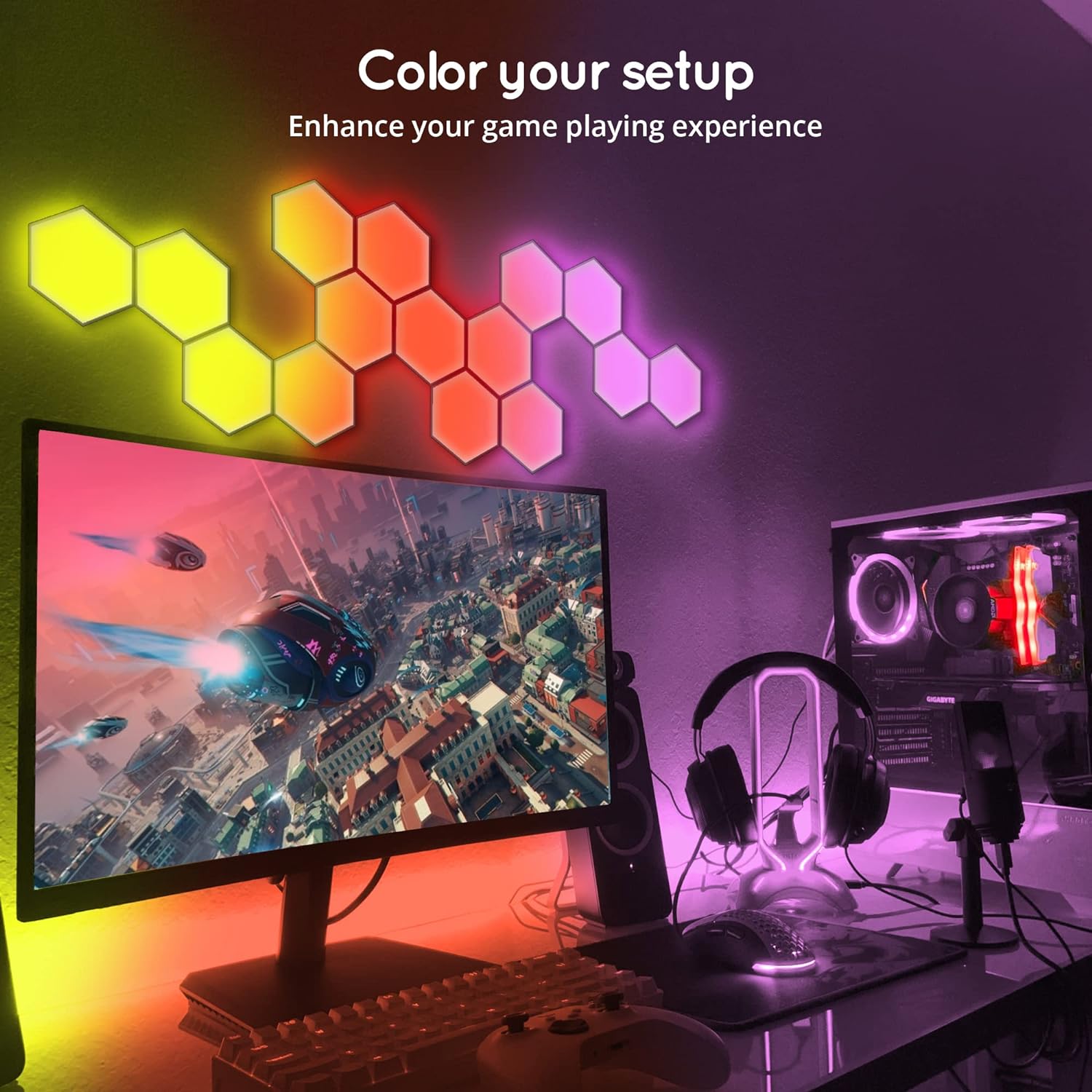 Hexagon LED Lights - DIY RGB Hexagon Wall Decoration Light Panels - USB 5V 2A - APP Remote Control & Manual Remote Control - Music Sync - Gaming Room & Gaming Case  Decoration - 6 Pieces  Hexagon RGB LED Light Panels - Gaming Room Decoration