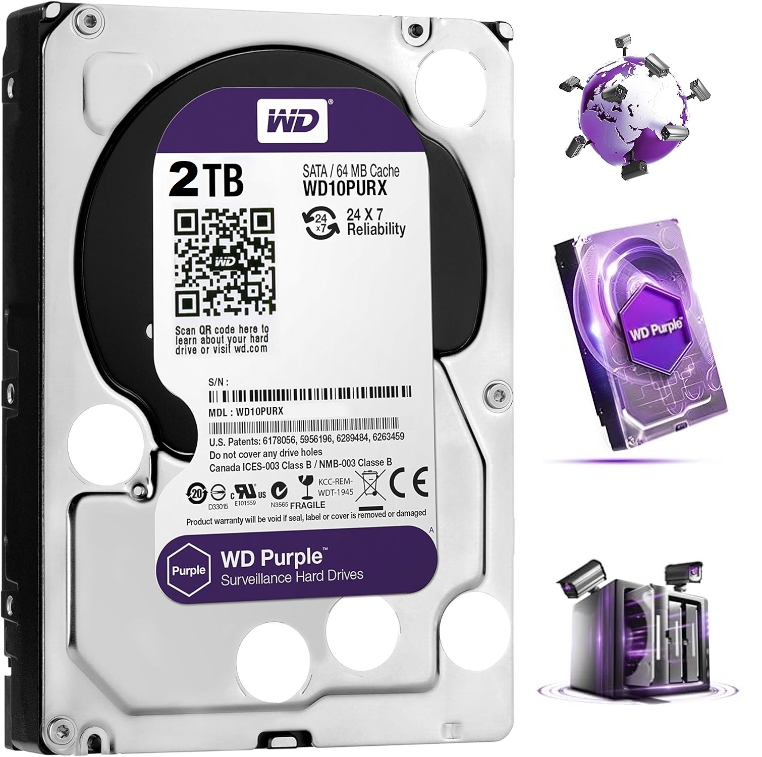 WD20PURX-64P6ZY0 WD Purple HDD 2TB Surveillance Hard Disk Drive WD Purple HDD 2TB Surveillance Hard Disk Drive - 5400 RPM Class SATA 6 Gb/s 64MB Cache 3.5 Inch - WD20PURX-64P6ZY0