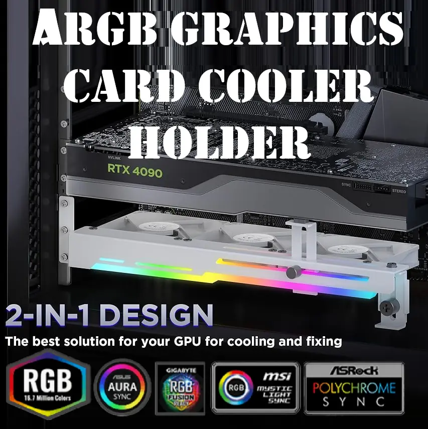 ASIAHORSE-GCCH2 ARGB WHITE Graphics Card Cooler Holder AsiaHorse Graphics Card Cooler with ARGB 5V 3Pin LED and Three 80mm Fans