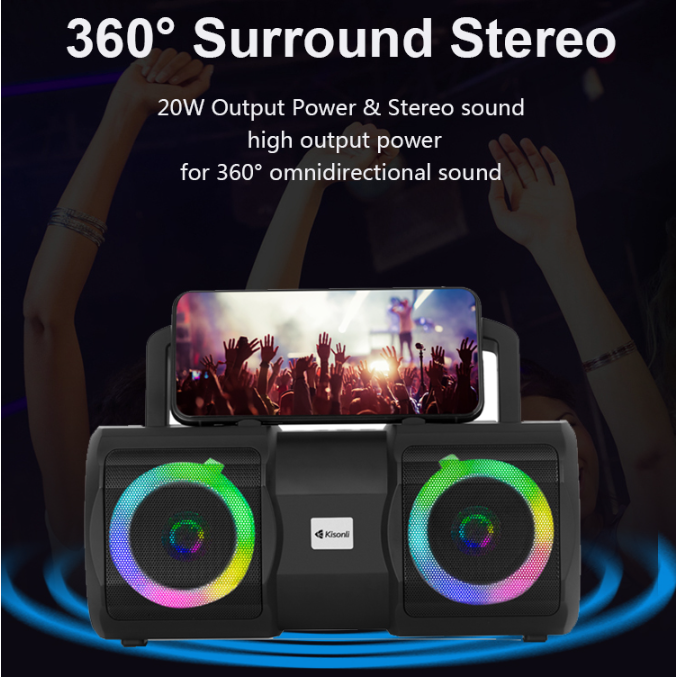 KISONLI-K1 K1 Portable Bluetooth 5 Bass Stereo Speaker Kisonli K1 Portable Bluetooth 5.0 Bass Stereo Speaker | 9 RGB Light Modes | Rechargeable Karaoke Music Player with Handle Phone Cradle | Supports USB