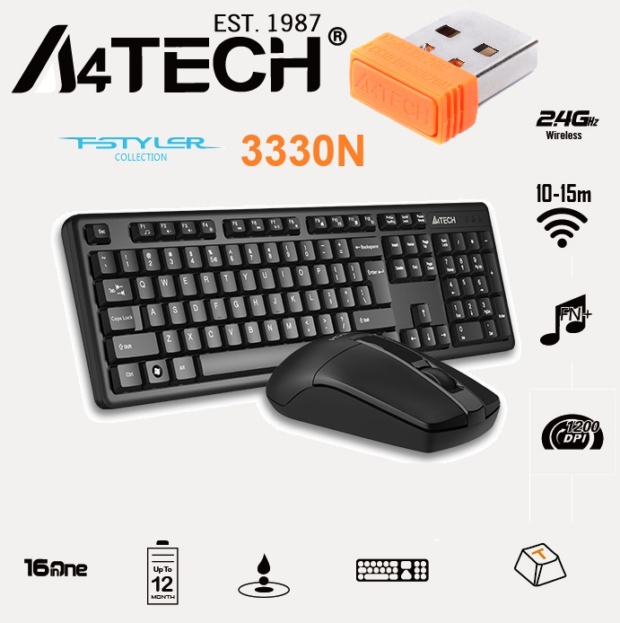 A4TECH-3330N A4TECH 3330N Wireless Keyboard and Mouse A4TECH 3330N Wireless Keyboard & Mouse Combo ;  2.4GHz Wireless Connectivity with 10-15m Range 1200 DPI  - 16 Mouse Gestures - 12 Multimedia Hotkeys  -  Long lasting Battery