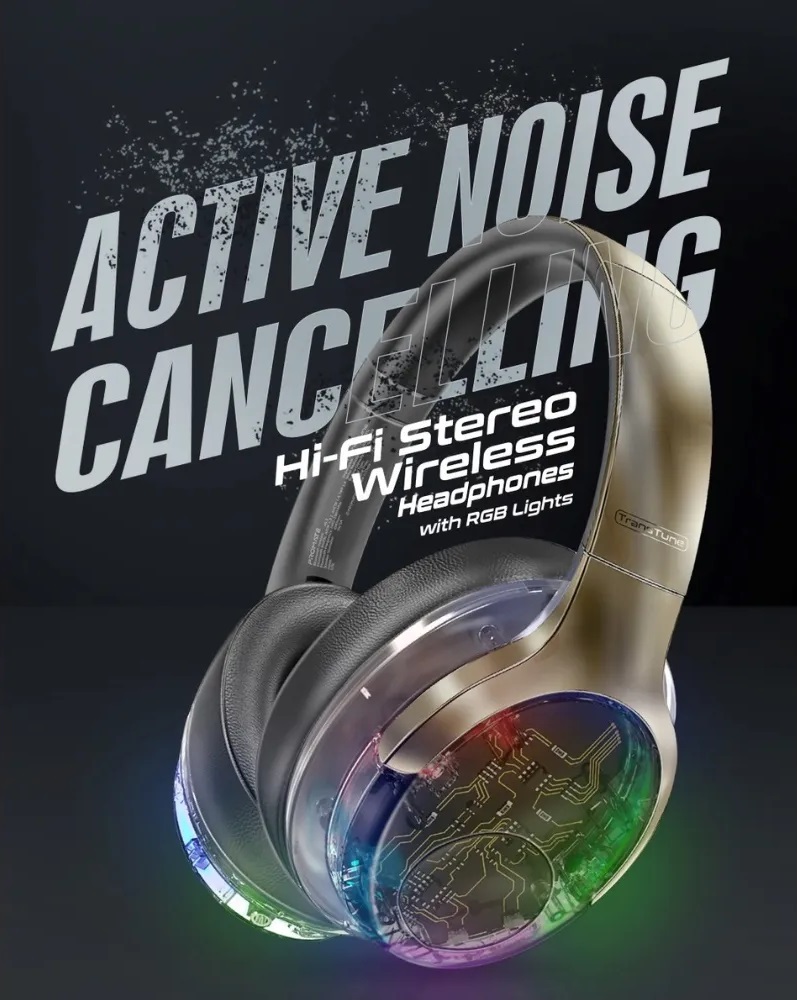 Promate WIRERLESS HEADPHONES RGB TRANSPARENT RAINBOW LED BACKLIT TRANSUNE Active Noise Cancelling