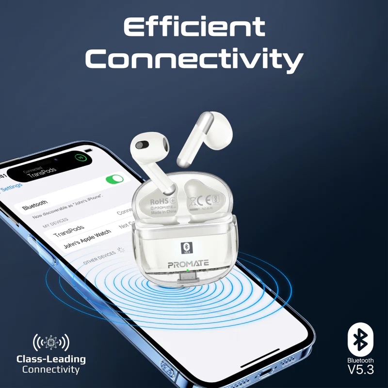 PROMATE Earbuds Noise Cancellation Bluetooth White PROMATE High Definition Transparent TWS Earbuds with IntelliTouch - Active Noise Cancellation - Bluetooth V 5.3 - Compact Transparent Design - White