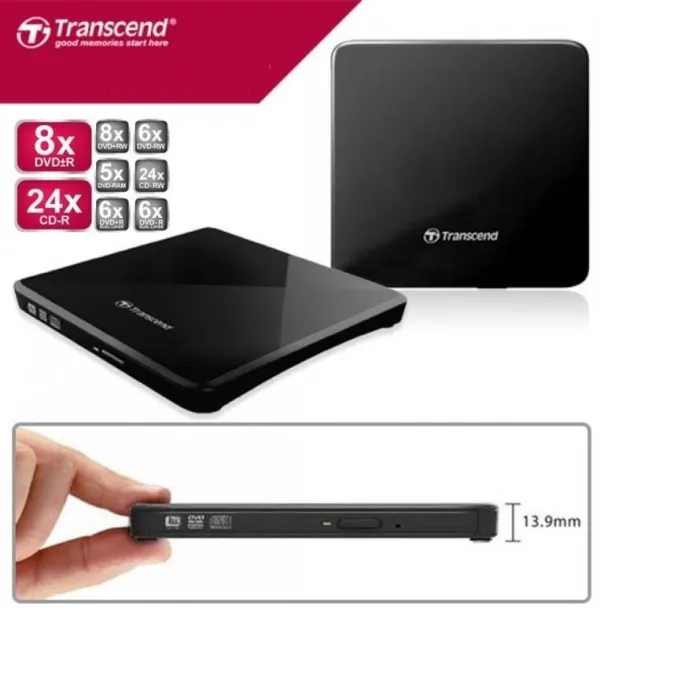 Transcend 8K Extra Slim Portable DVD Writer Optical Drive (TS8XDVDS-K) ; Burner CD DVD +/-RW Reader ; DVD Player for Laptop Mac MacBook PC Windows Linux OS 8K External Portable DVD Writer Reader