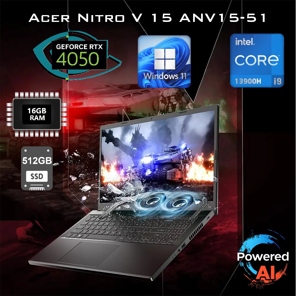 ANV15-51-914J  | NH.QN8SA.005 Acer Nitro V 15 i9-13900H RTX 4050 16GB RAM Acer Nitro V 15 ANV15-51-914J | Intel® Core™ i9-13900H | 16 GB DDR5 RAM ; 512GB SSD NVMe | RTX™ 4050