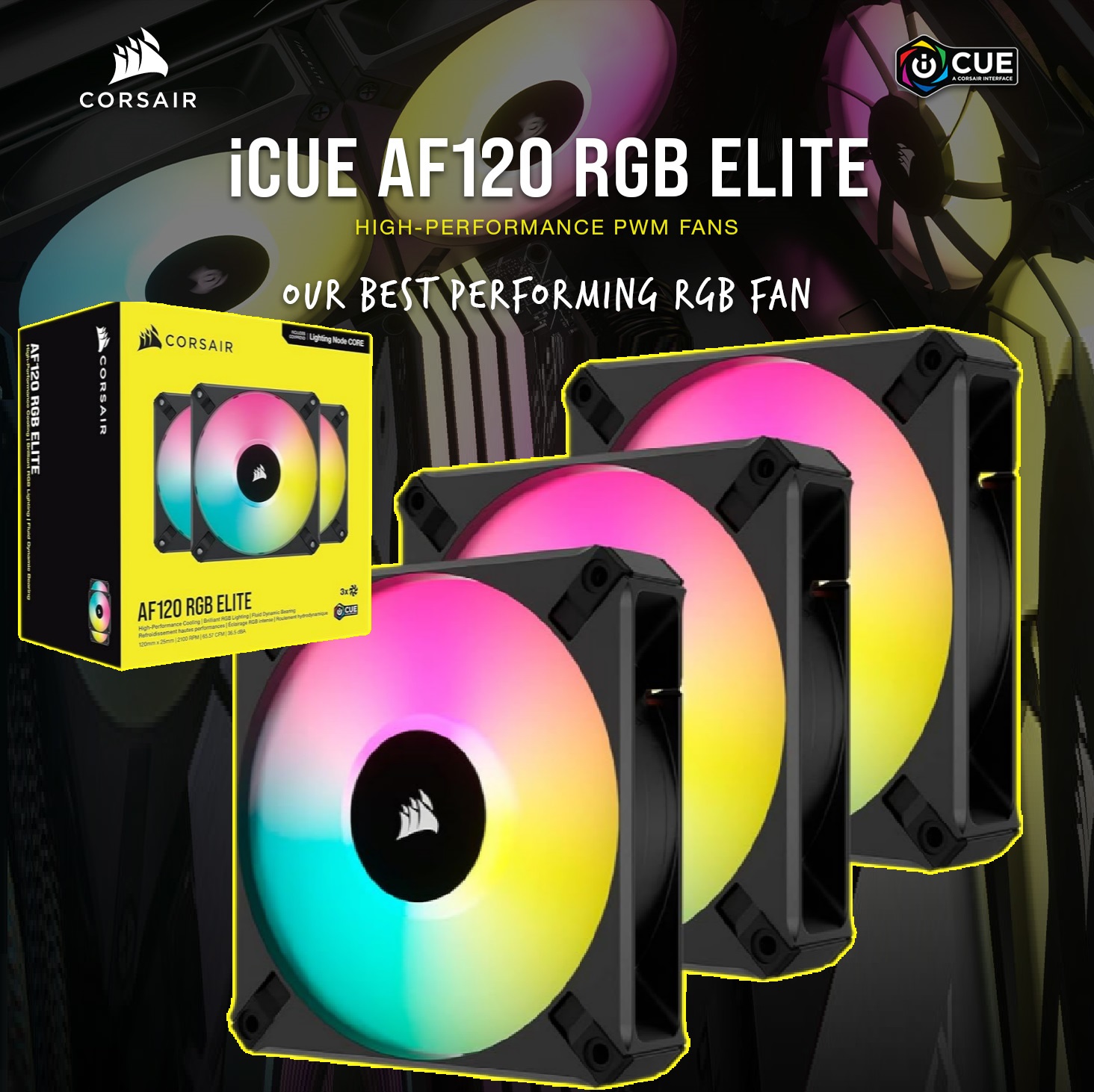 A88VC404210QY3 AF120 RGB ELITE 120mm PWM Triple Fan Kit CORSAIR AF120 RGB ELITE 120mm PWM Triple Fan Kit with iCUE Lighting Node CORE Controller - Extreme Power up to 2