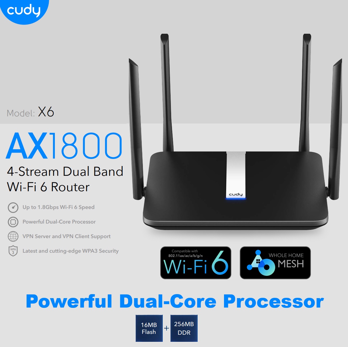 CUDY-X6-EU CUDY X6 AX1800 Gigabit Mesh Wi-Fi 6 Router CUDY X6 AX1800 Gigabit Mesh Wi-Fi 6 Router ; 4-Stream Dual-Band Wi-Fi 6 ;  1201 Mbps + 574 Mbps Wi-Fi ;  5× Gigabit Ethernet Ports ; up to 100 Connected Devices ;  Cudy Mesh