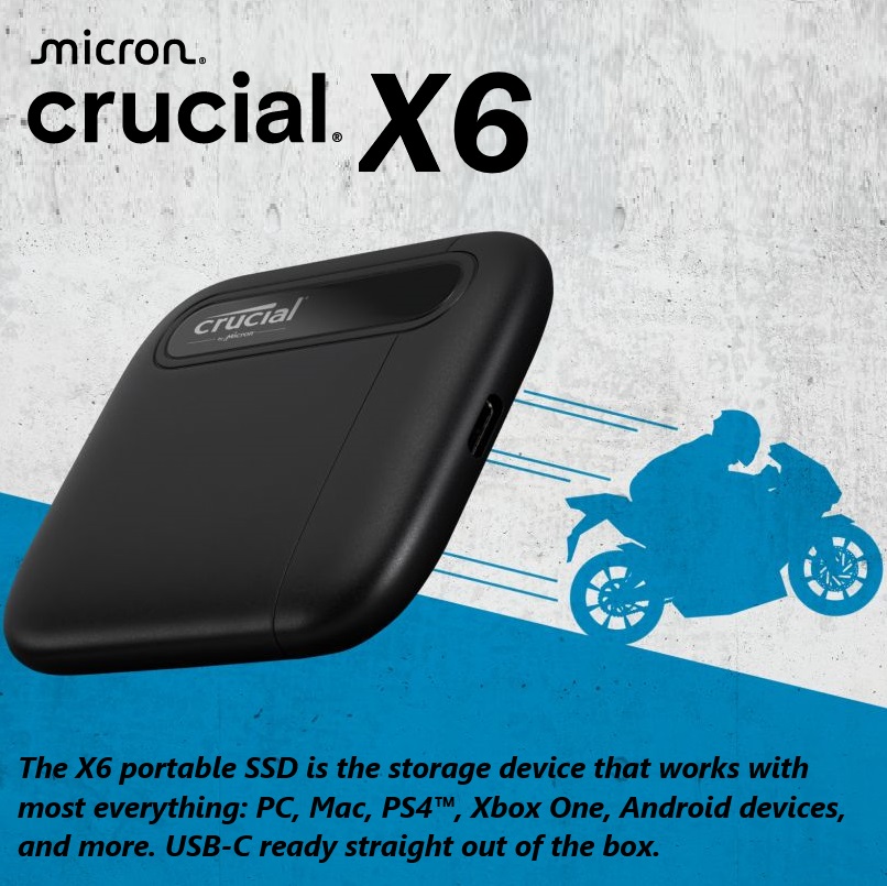 CT1000X6SSD9 Crucial X6 1TB Portable SSD 800MBs USB-C Crucial X6 1TB Portable SSD - Up to 800MB/s - PC and Mac - USB 3.2 USB-C External Solid State Drive - CT1000X6SSD9